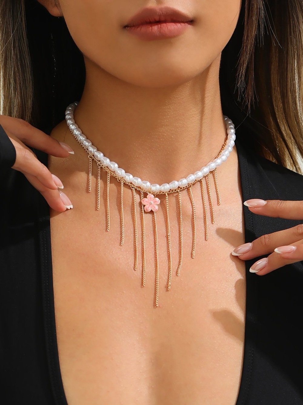 18K Gold Pearl Fringe Necklace Flower Charm Tassel Choker Freshwater Faux Pearl